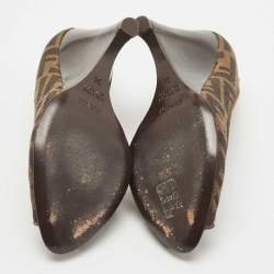 Pre Owned Fendi Brown Zucca Canvas Peep Toe Wedge Pumps Size 36