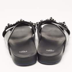 Pre Owned Fendi Black Patent Leather Flowerland Stud Criss Cross Flat Sandals Size 41
