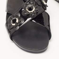 Pre Owned Fendi Black Patent Leather Flowerland Stud Criss Cross Flat Sandals Size 41