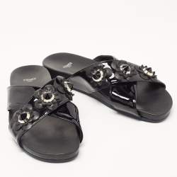 Pre Owned Fendi Black Patent Leather Flowerland Stud Criss Cross Flat Sandals Size 41