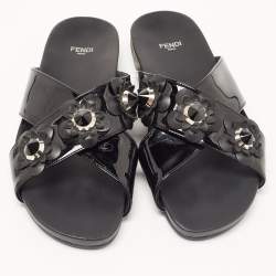 Pre Owned Fendi Black Patent Leather Flowerland Stud Criss Cross Flat Sandals Size 41