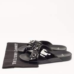 Pre Owned Fendi Black Patent Leather Flowerland Stud Criss Cross Flat Sandals Size 41