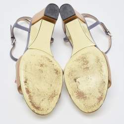 Fendi Beige/Grey Lizard Embossed And Leather Fantasia Studded Wedge Ankle Strap Sandals Size 37.5