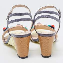 Fendi Beige/Grey Lizard Embossed And Leather Fantasia Studded Wedge Ankle Strap Sandals Size 37.5