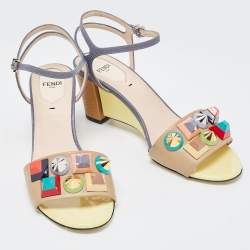 Fendi Beige/Grey Lizard Embossed And Leather Fantasia Studded Wedge Ankle Strap Sandals Size 37.5