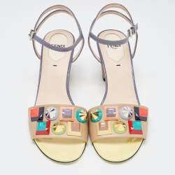 Fendi Beige/Grey Lizard Embossed And Leather Fantasia Studded Wedge Ankle Strap Sandals Size 37.5