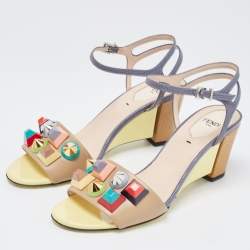 Fendi Beige/Grey Lizard Embossed And Leather Fantasia Studded Wedge Ankle Strap Sandals Size 37.5