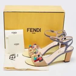 Fendi Beige/Grey Lizard Embossed And Leather Fantasia Studded Wedge Ankle Strap Sandals Size 37.5