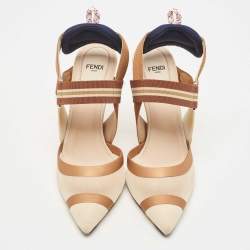 Pre Owned Fendi Brown/Beige Mesh and Leather Colibri Slingback Pumps Size 37.5