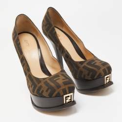 مملوكة مسبقًا Fendi Brown Zucca Canvas Fendista Platform Pumps Size 38.5