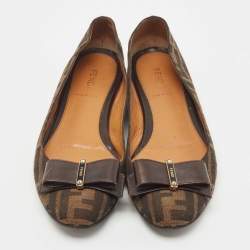 Pre Owned Fendi Tobacco Zucca Canvas and Leather Bow Detail Ballet Flats Size 37