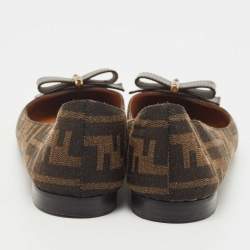 Pre Owned Fendi Tobacco Zucca Canvas and Leather Bow Detail Ballet Flats Size 37