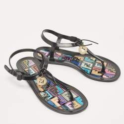 Pre Owned Fendi Black Jelly T-strap Slingback Flat Sandals Size 38