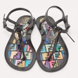Pre Owned Fendi Black Jelly T-strap Slingback Flat Sandals Size 38