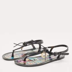 Pre Owned Fendi Black Jelly T-strap Slingback Flat Sandals Size 38