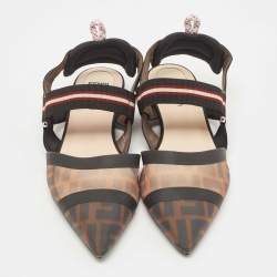 Pre Owned Fendi Black Mesh and Canvas Colibri Slingback Flats Size 39