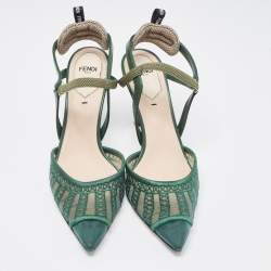 Pre Owned Fendi Green Leather and Mesh Colibri Lite Slingback Pumps Size 38.5