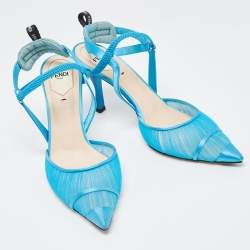 Pre Owned Fendi Blue Tulle And Satin Colibri Lite Slingback Pumps Size 37.5