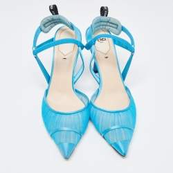 Pre Owned Fendi Blue Tulle And Satin Colibri Lite Slingback Pumps Size 37.5