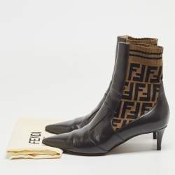 Pre Owned Fendi Brown Leather and Canvas FF Logo Printed Sock Ankle Boots Size 39