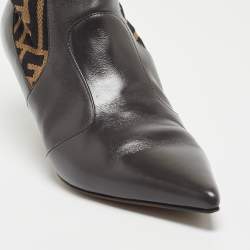 Pre Owned Fendi Brown Leather and Canvas FF Logo Printed Sock Ankle Boots Size 39