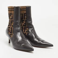 Pre Owned Fendi Brown Leather and Canvas FF Logo Printed Sock Ankle Boots Size 39