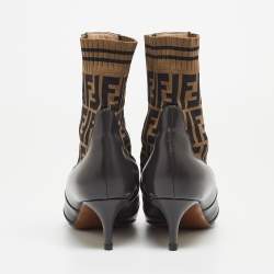 Pre Owned Fendi Brown Leather and Canvas FF Logo Printed Sock Ankle Boots Size 39