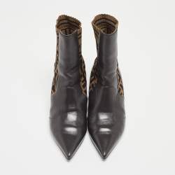 Pre Owned Fendi Brown Leather and Canvas FF Logo Printed Sock Ankle Boots Size 39