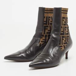 Pre Owned Fendi Brown Leather and Canvas FF Logo Printed Sock Ankle Boots Size 39