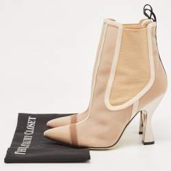 Pre Owned Fendi  Beige Mesh Rockoko Ankle Boots Size 38