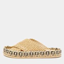Fendi Cream Raffia Criscross Flat Slides Size 36