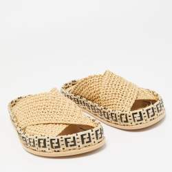 Fendi Cream Raffia Criscross Flat Slides Size 36