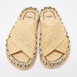 Fendi Cream Raffia Criscross Flat Slides Size 36