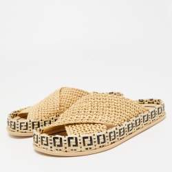 Fendi Cream Raffia Criscross Flat Slides Size 36