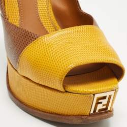 Pre Owned Fendi Brown/Yellow Lizard Embossed Fendista Pumps Size 38.5