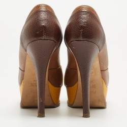 Pre Owned Fendi Brown/Yellow Lizard Embossed Fendista Pumps Size 38.5