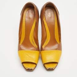 Pre Owned Fendi Brown/Yellow Lizard Embossed Fendista Pumps Size 38.5