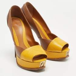 Pre Owned Fendi Brown/Yellow Lizard Embossed Fendista Pumps Size 38.5