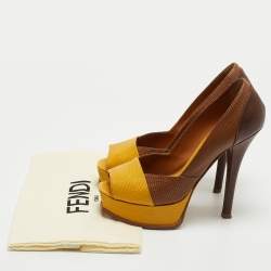 Pre Owned Fendi Brown/Yellow Lizard Embossed Fendista Pumps Size 38.5