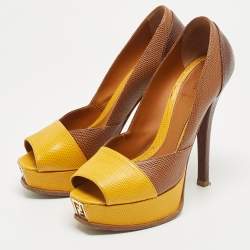 Pre Owned Fendi Brown/Yellow Lizard Embossed Fendista Pumps Size 38.5