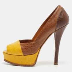 Pre Owned Fendi Brown/Yellow Lizard Embossed Fendista Pumps Size 38.5