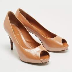 Pre Owned Fendi Brown Leather Platform Peep Toe Pumps Size 37.5