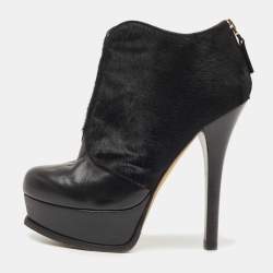 Pre Owned Fendi Black Leather And Suede Fendista Ankle Boots Size 36.5