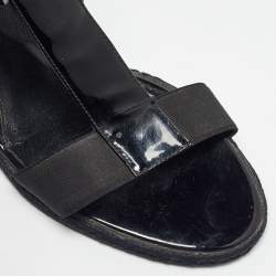 Pre Owned Fendi Black Patent Leather and Elastic T-Strap Wedge Sandals Size 38.5