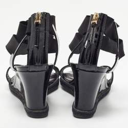 Pre Owned Fendi Black Patent Leather and Elastic T-Strap Wedge Sandals Size 38.5