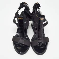 Pre Owned Fendi Black Patent Leather and Elastic T-Strap Wedge Sandals Size 38.5