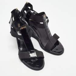 Pre Owned Fendi Black Patent Leather and Elastic T-Strap Wedge Sandals Size 38.5