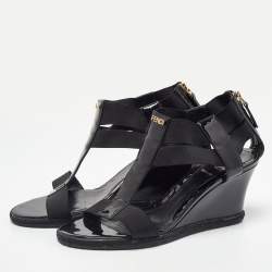 Pre Owned Fendi Black Patent Leather and Elastic T-Strap Wedge Sandals Size 38.5