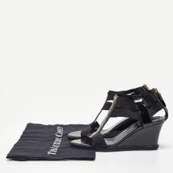 Pre Owned Fendi Black Patent Leather and Elastic T-Strap Wedge Sandals Size 38.5