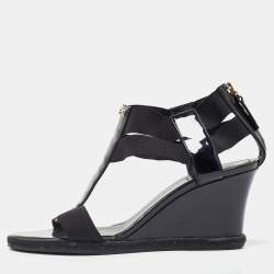 Pre Owned Fendi Black Patent Leather and Elastic T-Strap Wedge Sandals Size 38.5